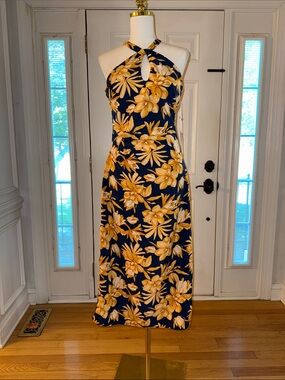 Siena Navy Floral Halter Midi Dress with Yellow Bloom Print